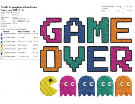 machine embroidery design  game over pac man