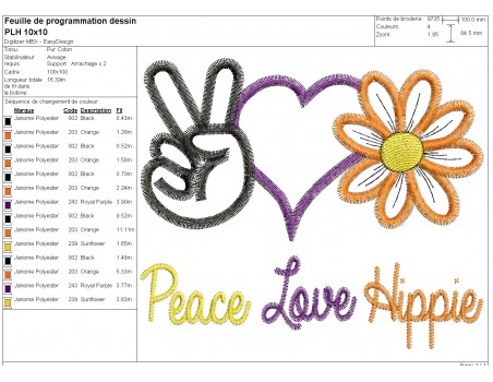 Motif de broderie machine appliqué peace love hippie