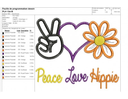 Motif de broderie machine appliqué peace love hippie