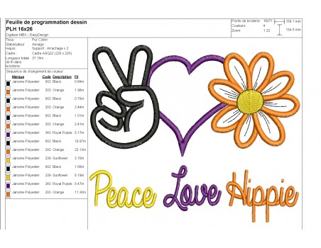 Motif de broderie machine appliqué peace love hippie