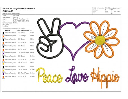 Motif de broderie machine appliqué peace love hippie