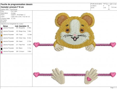 Motif de broderie machine hamster prénom fille