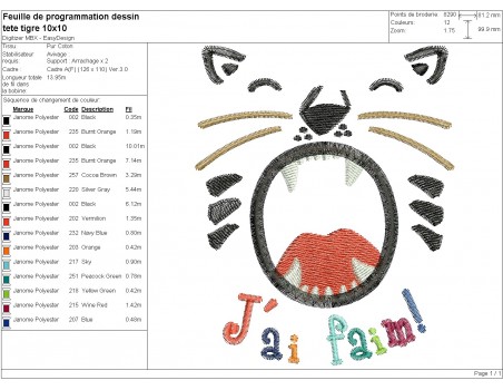 Motif de broderie machine tête de tigre