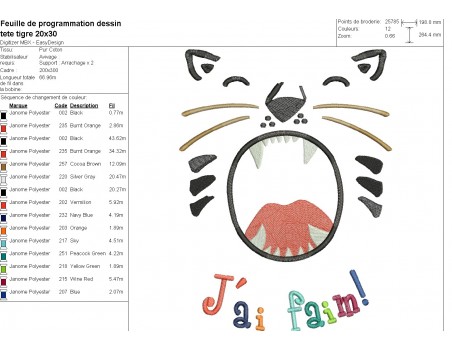 Motif de broderie machine tête de tigre