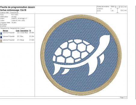 Motif de broderie machine tortue de mer en embossage