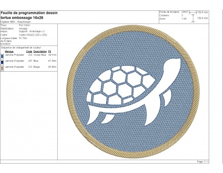 Motif de broderie machine tortue de mer en embossage