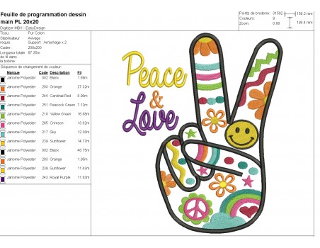 machine embroidery design applique hand peace and love