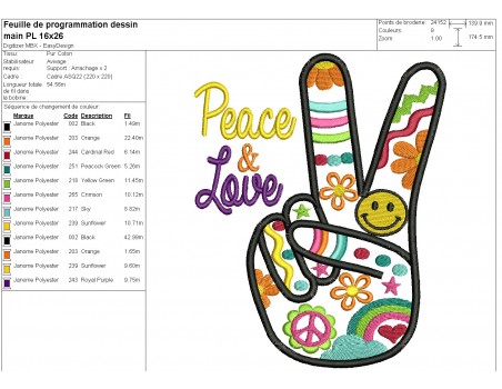 machine embroidery design applique hand peace and love