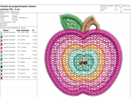 Motif de broderie machine pomme multicolore  en FSL