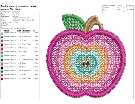 Motif de broderie machine pomme multicolore  en FSL