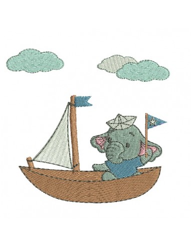 Motif de broderie machine  petit éléphant dans son bateau