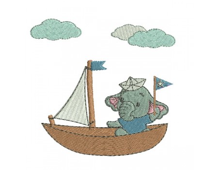 Motif de broderie machine  petit éléphant dans son bateau