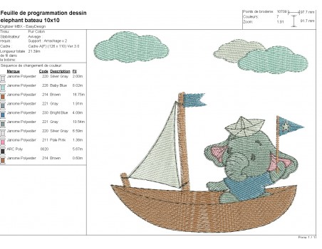 Motif de broderie machine  petit éléphant dans son bateau