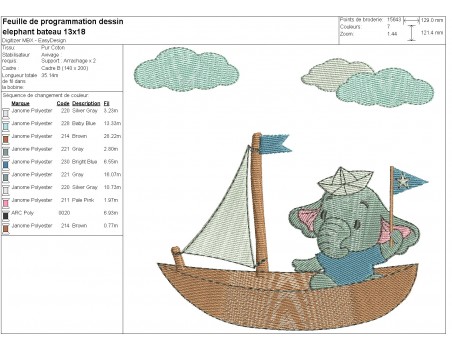 machine embroidery  elephant in his boat