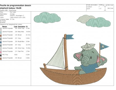 Motif de broderie machine  petit éléphant dans son bateau