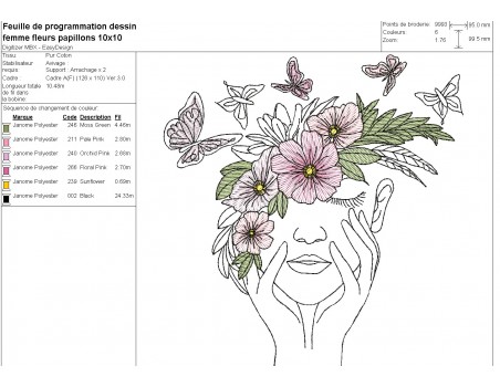 Machine embroidery design woman butterfly  and flowers