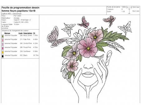 Machine embroidery design woman butterfly  and flowers