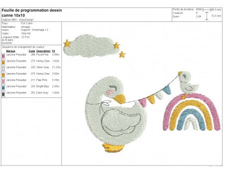 machine embroidery  duck with a rainbow