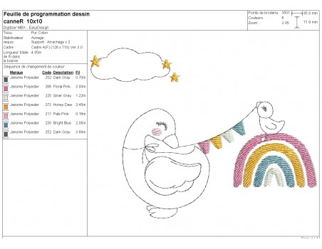 Motif de broderie machine  redwork petite canne avec un arc en ciel