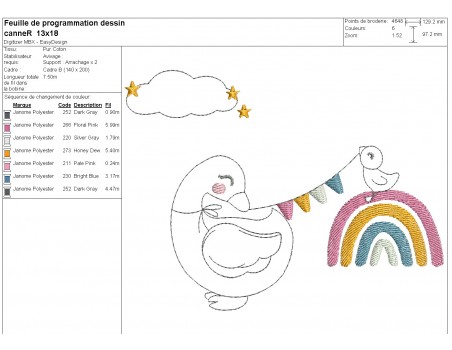 Motif de broderie machine  redwork petite canne avec un arc en ciel