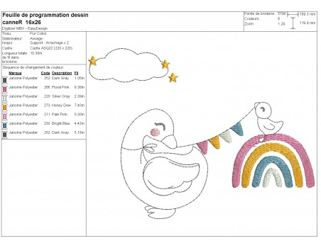 machine embroidery redwork duck with a rainbow