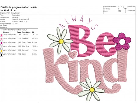 Motif de broderie machine Be kind