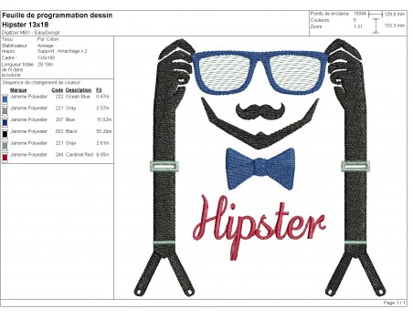 Motif de broderie machine bretelles  visage Hipster avec lunettes en mylar