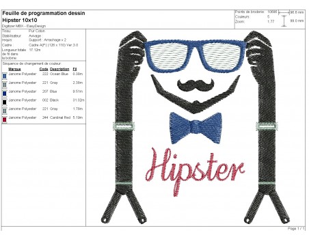 Motif de broderie machine bretelles  visage Hipster avec lunettes en mylar