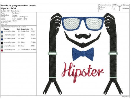 Motif de broderie machine bretelles  visage Hipster avec lunettes en mylar