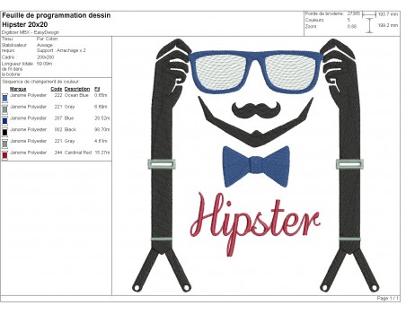 machine embroidery hipster man suspenders and glasses