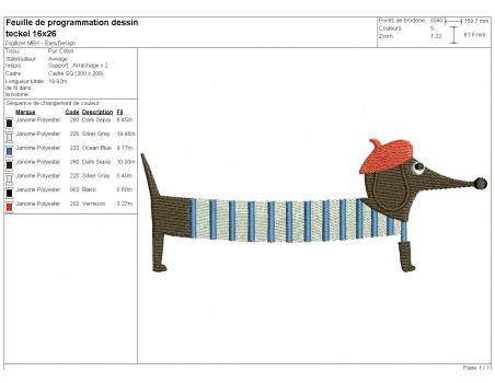 Motif de broderie machine teckel marin