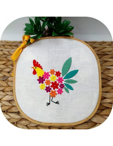 Motif de broderie machine poule fleurs