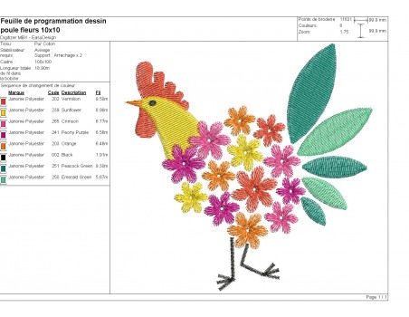 Motif de broderie machine poule fleurs