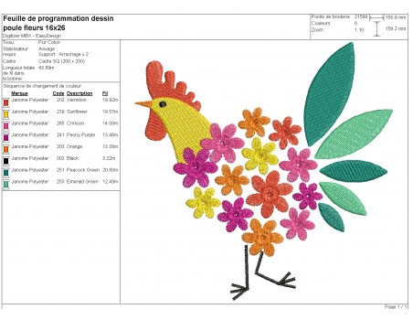 Motif de broderie machine poule fleurs