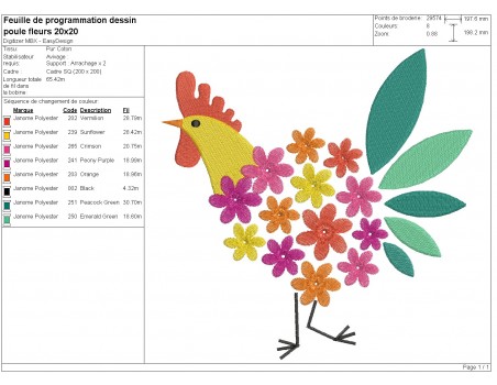 Motif de broderie machine poule fleurs