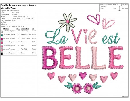 Motif de broderie machine la vie est belle