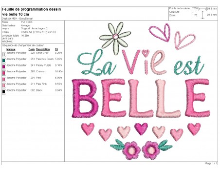 Motif de broderie machine la vie est belle