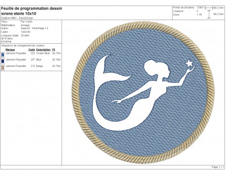 Motif de broderie machine sirène avec une étoile de mer en embossage