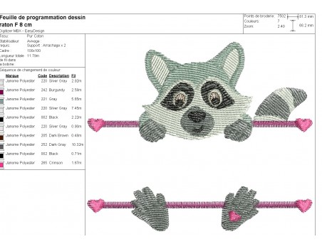 machine embroidery  design racoon to customize for girl