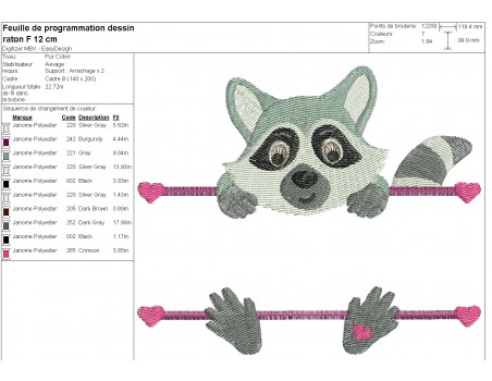 machine embroidery  design racoon to customize for girl