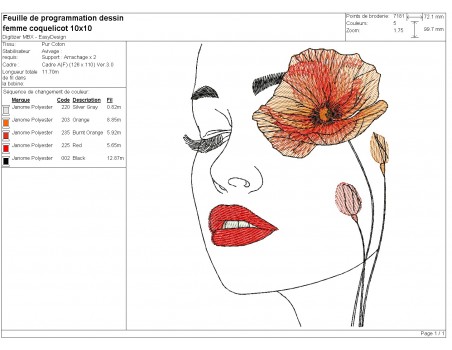 Machine embroidery design woman poppy