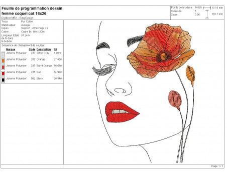 Machine embroidery design woman poppy