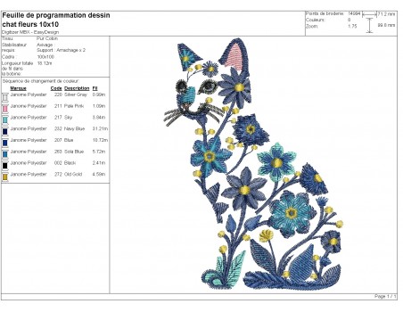 Motif de broderie machine  chat fleurs