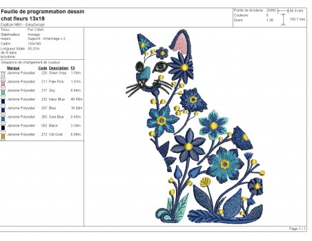 Motif de broderie machine  chat fleurs