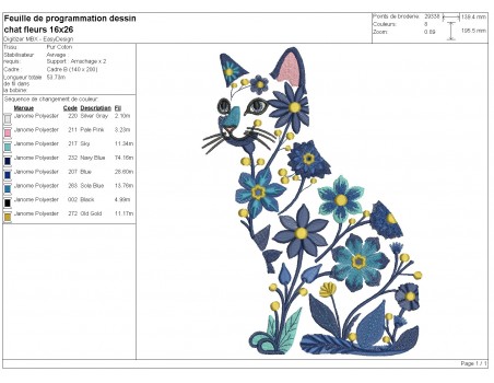 Motif de broderie machine  chat fleurs