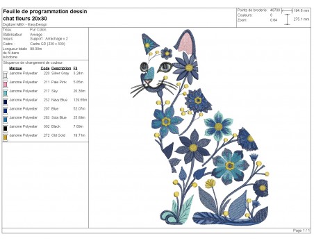 Motif de broderie machine  chat fleurs