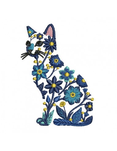 Motif de broderie machine  chat fleurs