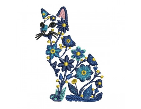 Motif de broderie machine  chat fleurs