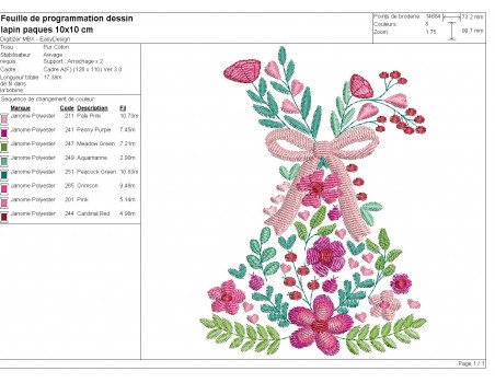 Motif de broderie machine  lapin cloche fleuri