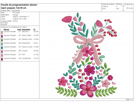 Motif de broderie machine  lapin cloche fleuri